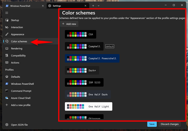 The Color schemes settings in Windows Terminal
