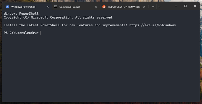 The Windows Terminal with PowerShell, Command Prompt, and Ubuntu tabs