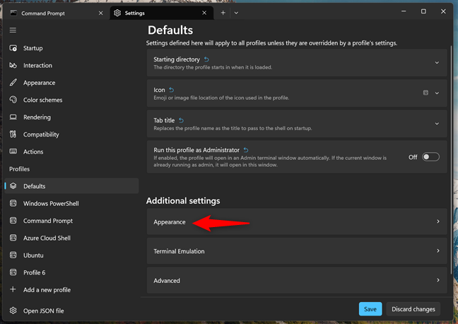 Access Appearance settings for Windows Terminal profiles