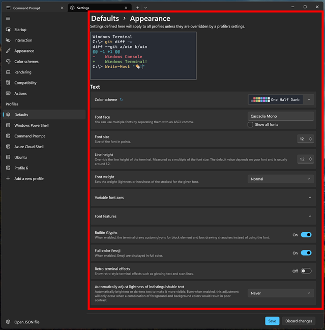 Appearance settings for Windows Terminal profiles