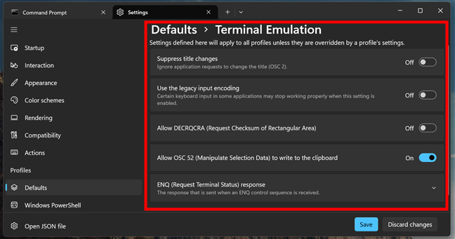 Terminal Emulation settings for Windows Terminal profiles