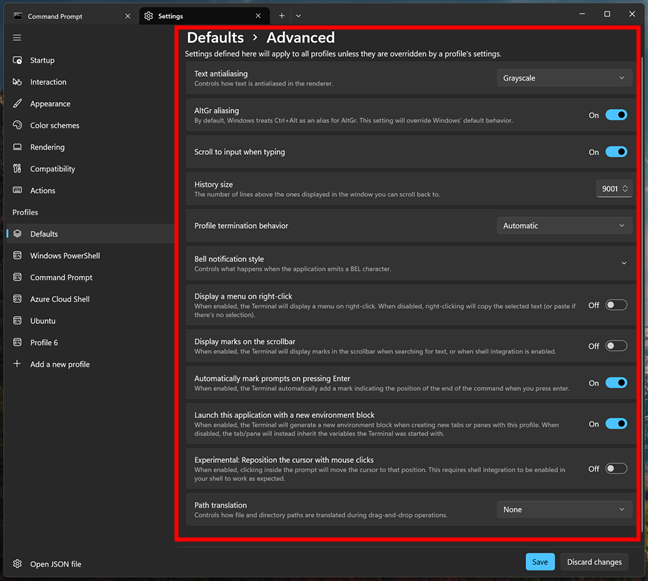 Advanced settings for Windows Terminal profiles