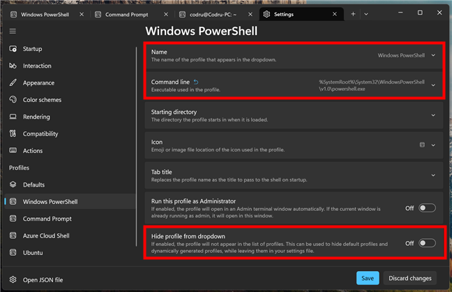 Additional options available for individual profiles