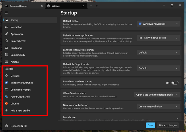 The Profiles area in the left sidebar of Windows Terminal