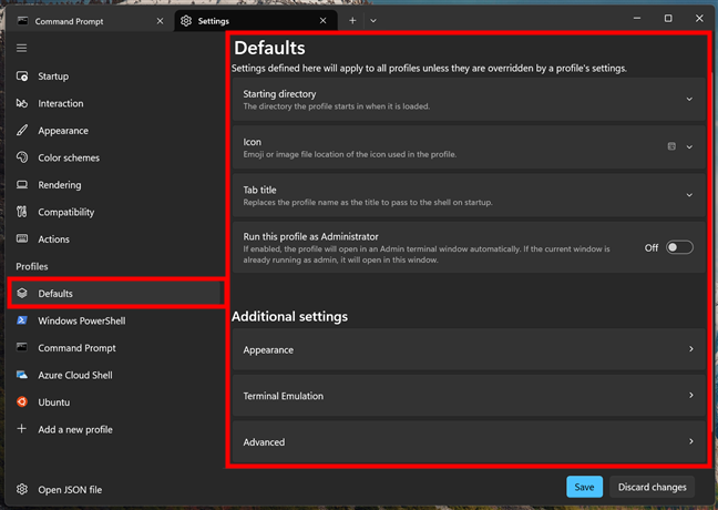 The Defaults settings of Windows Terminal Profiles