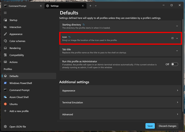Icon settings for Windows Terminal profiles