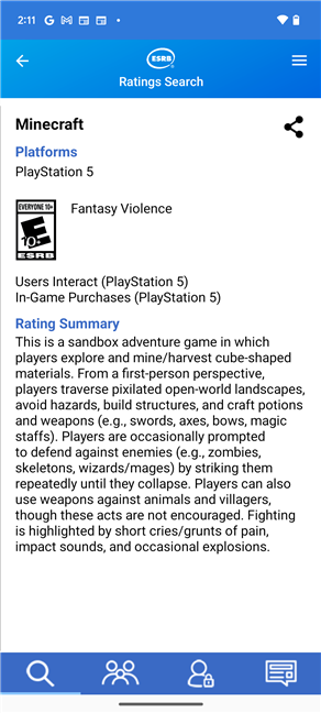 The ESRB rating and description of a game