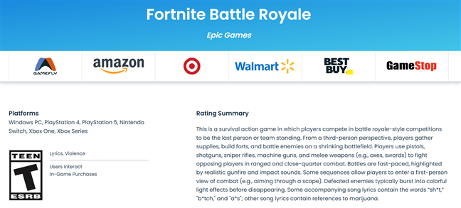 Fortnite's ESRB rating page