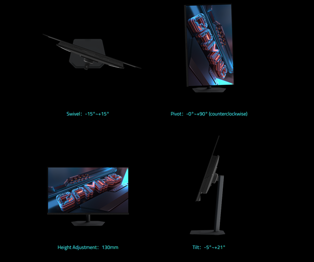 The monitor swivels, pivots, tilts, and its height can be adjusted