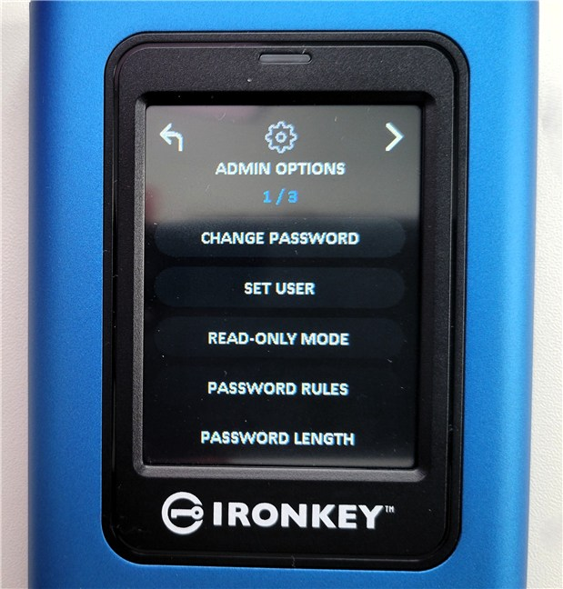 Options available on the SSD's touch screen