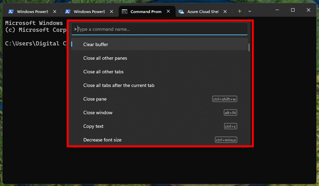 Access the command list in Windows Terminal