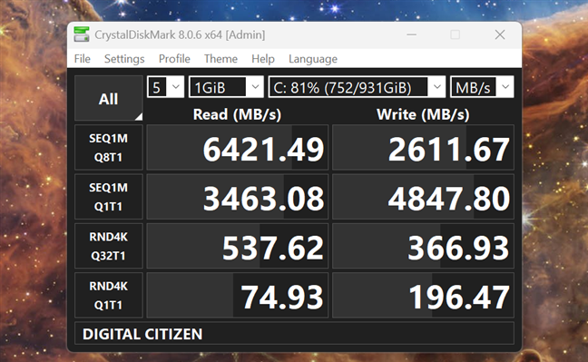 Benchmark results in CrystalDiskMark