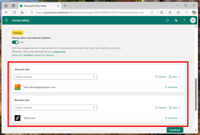The Allowed sites and Blocked sites lists let you search and sort the websites in them