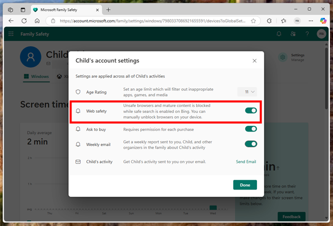 Turn on Web safety to filter content