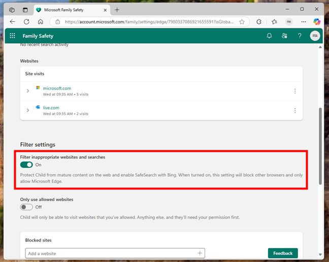 Turn on Filter inappropriate websites and searches