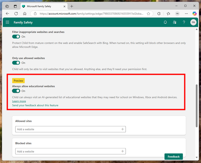 Always allow educational websites automatically grants access to AI-curated learning sites
