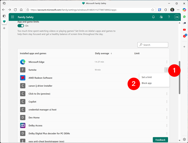 Block an app from its three-dot menu
