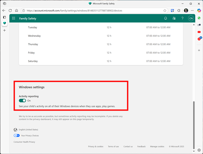 Enable the Activity reporting for a child's Windows devices