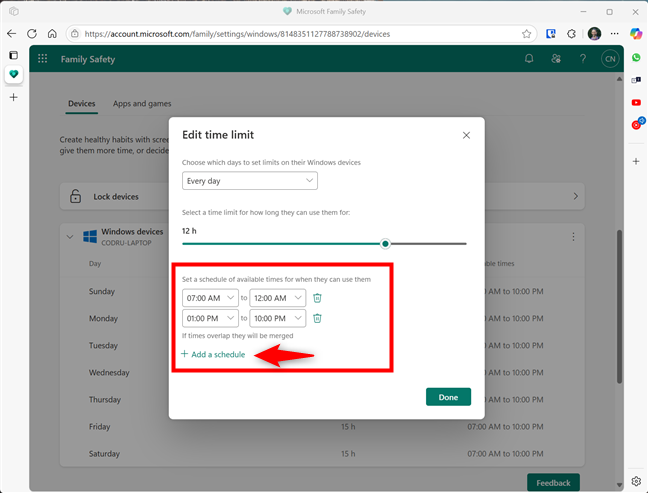 Add schedule for a device's time limits