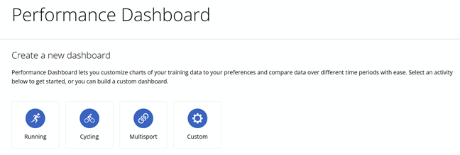 The Performance Dashboard is available for running, cycling, and multisport activities