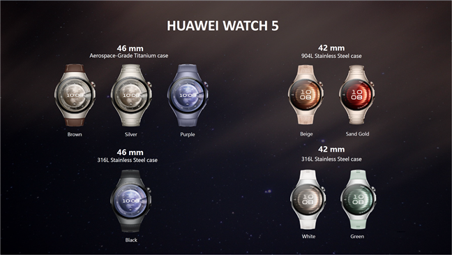All the sizes and color options for the HUAWEI WATCH 5