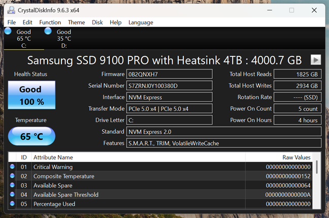 Specifications for the Samsung 9100 PRO