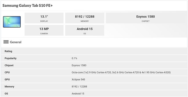 Specs for the Samsung Galaxy Tab S10 FE+