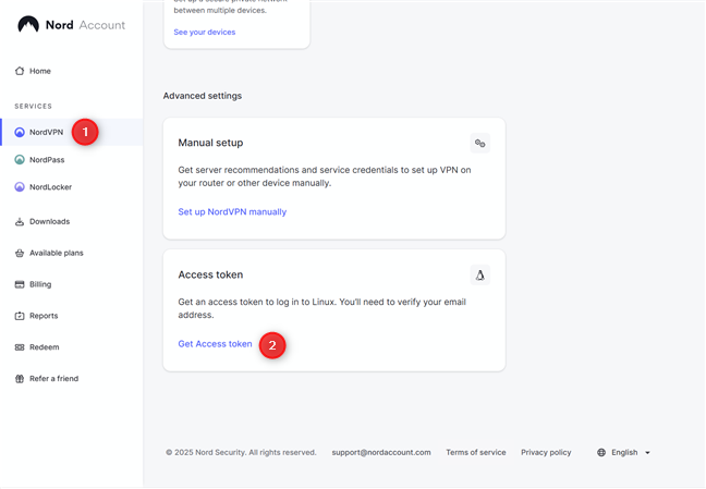 Log in to NordVPN, access your services and get an access token