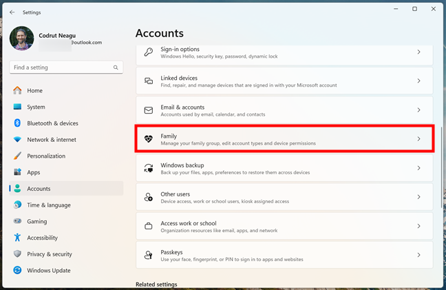 Access the Family settings in Windows 11