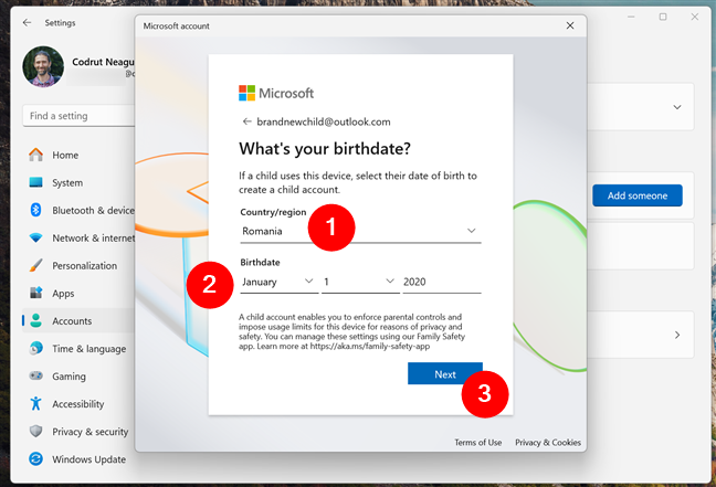 What's the child's country and birthdate?