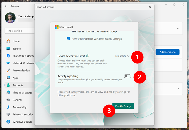 Choose device screentime limits, toggle activity reporting, and see all Family Safety settings