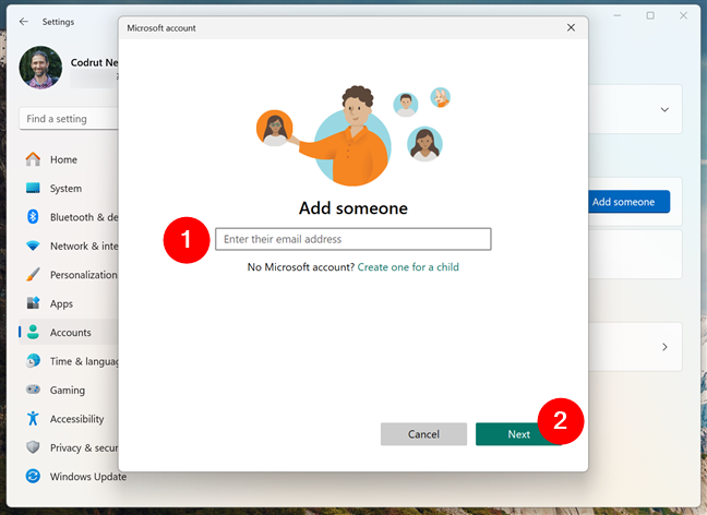 Enter the kid's email address and press Next
