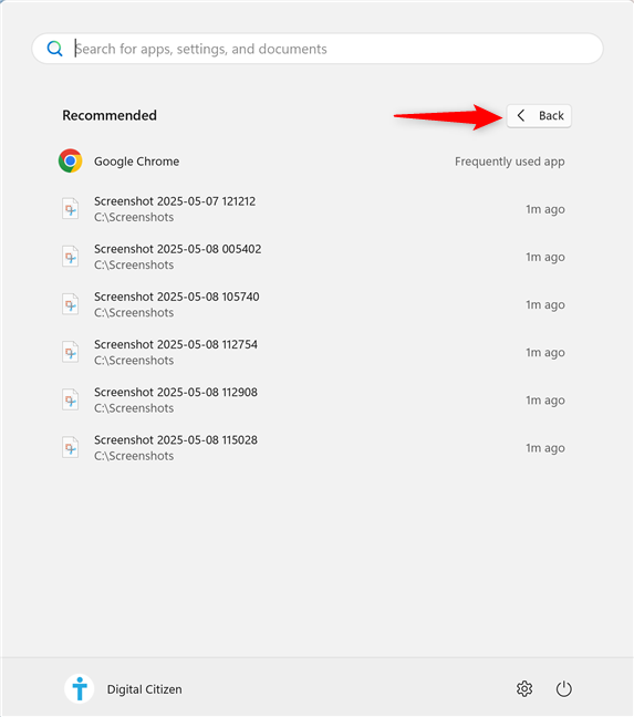 The Recommended items list in the Start Menu