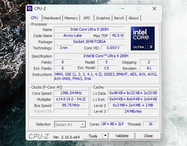 The specs of the Intel Core Ultra 9 285H processor