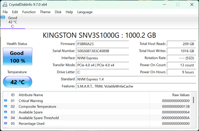 The SSD is a 1TB Kingston mounted on an M.2 (PCIe 4.0) slot