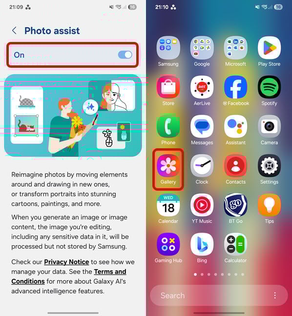 Turn on Photo assist and open the Gallery app