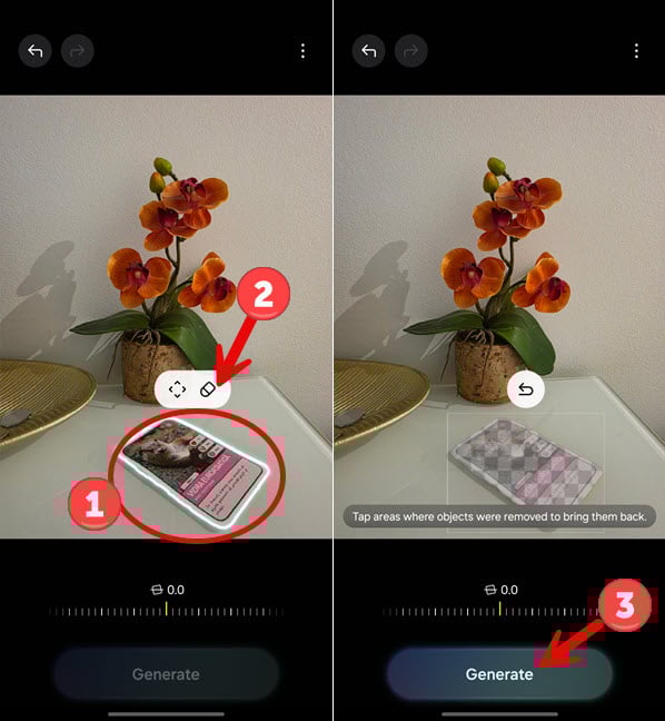Select the desired item, tap the eraser and Generate