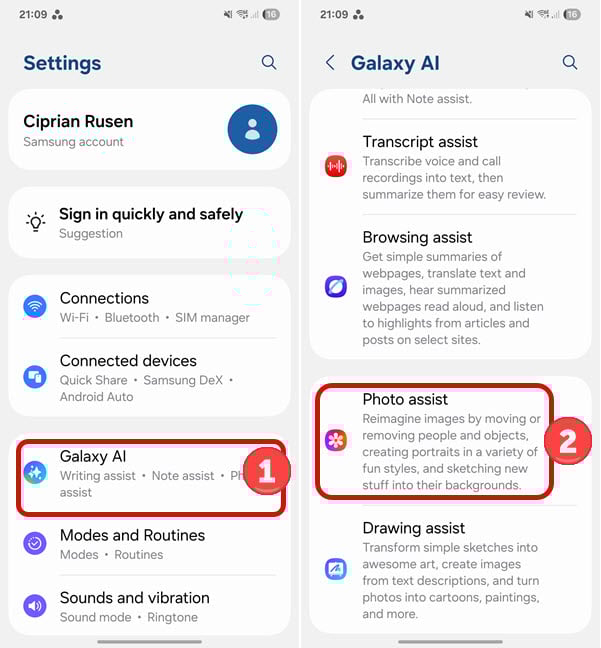 In Settings, go to Galaxy AI > Photo assist