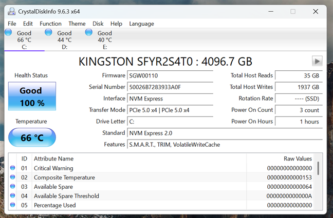 Details about the SSD shared by CrystalDiskInfo