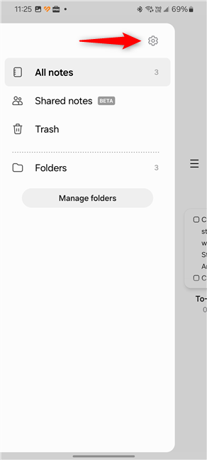 Open the Samsung Notes settings