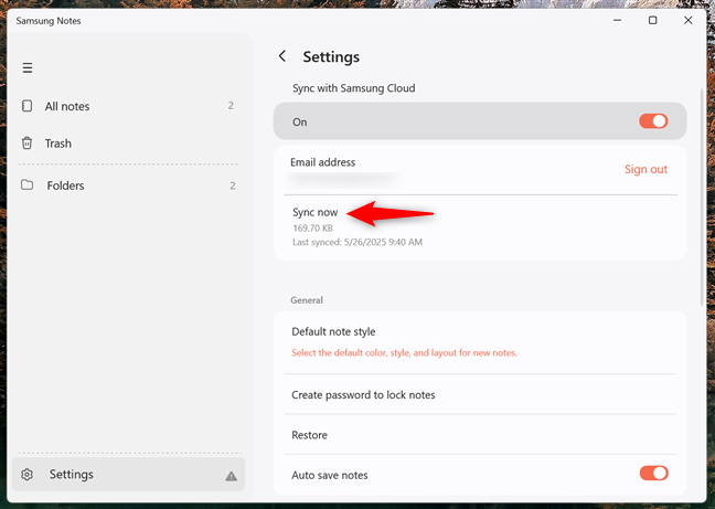 Force a synchronization for Samsung Notes