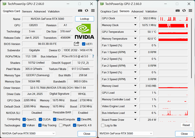 Specifications for the GIGABYTE GeForce RTX 5080 GAMING OC 16G