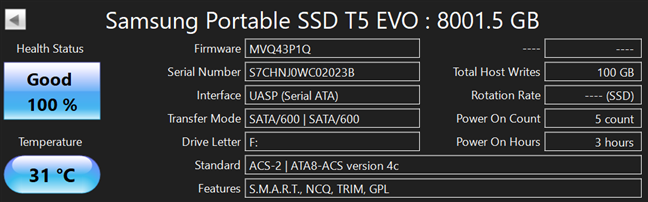 Tech specs for the Samsung T5 Evo