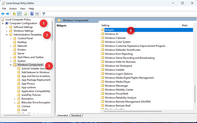 Go to Computer Configuration > Administrative Templates > Windows Components > Widgets
