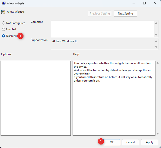 Set Allow widgets to Disabled