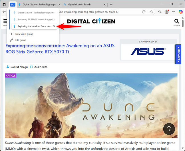 Hover over a collapsed group to access or close a tab