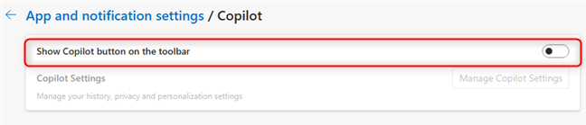 Turn off the Show Copilot button on the toolbar switch