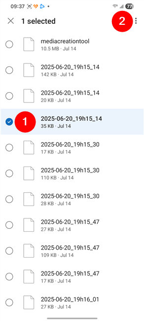 Access the options menu for a deleted file