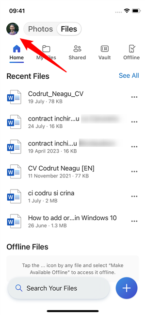 Tap your account in the OneDrive app for iPhone