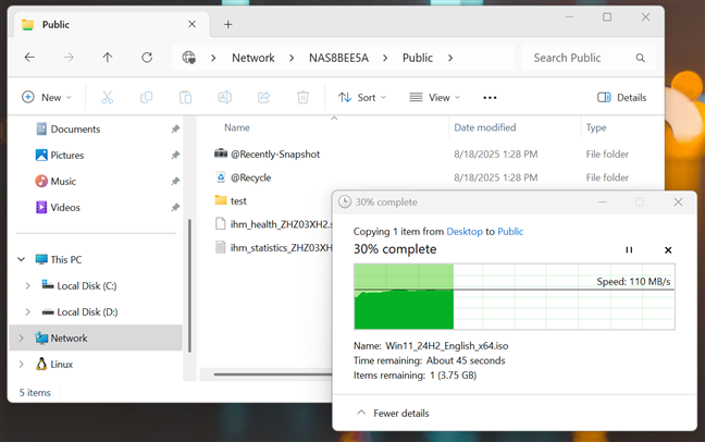 The maximum speed I got when transferring data to and from the NAS